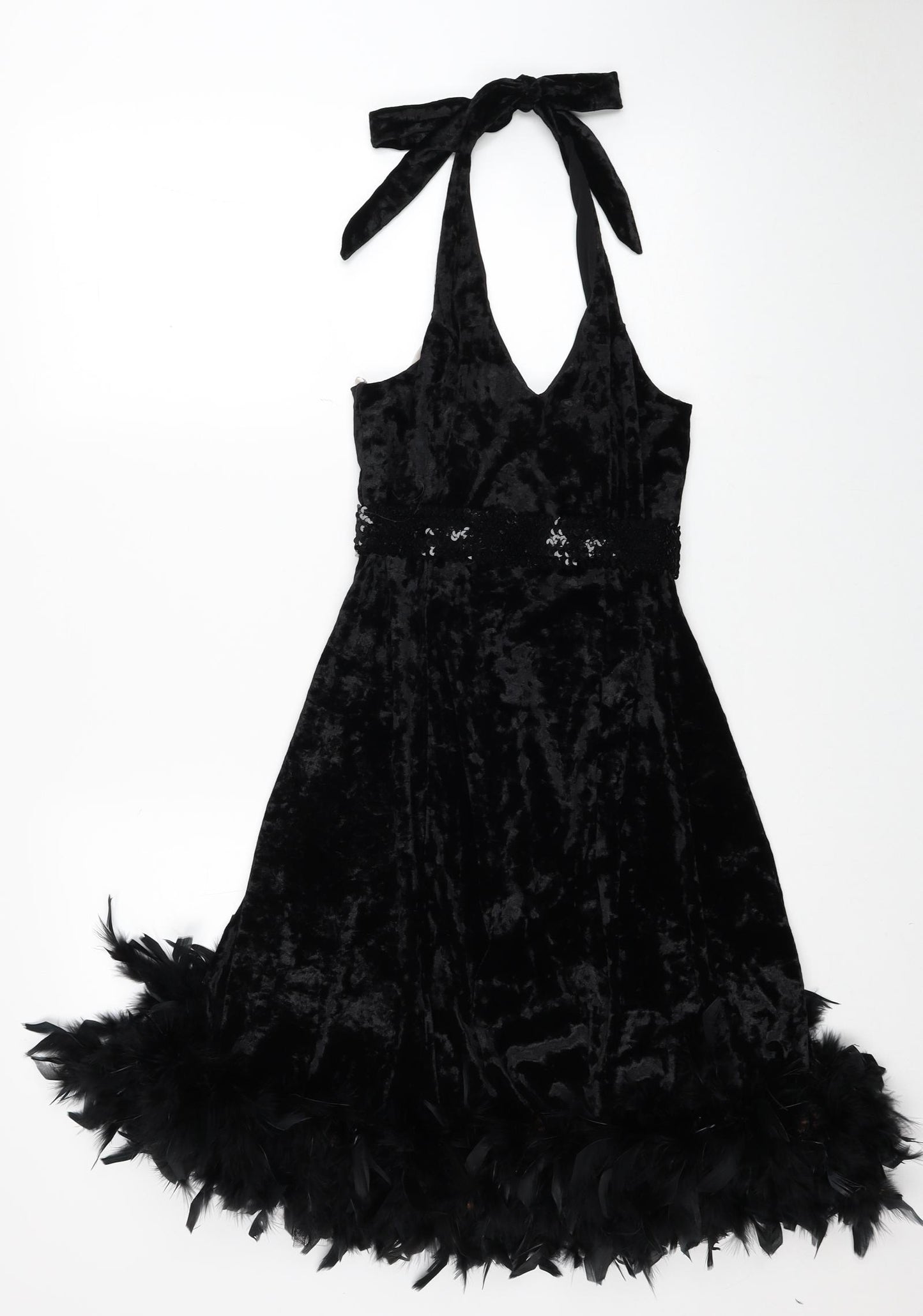 Empasis Paris Womens Black Polyester A-Line Size L Halter Zip - Feathers