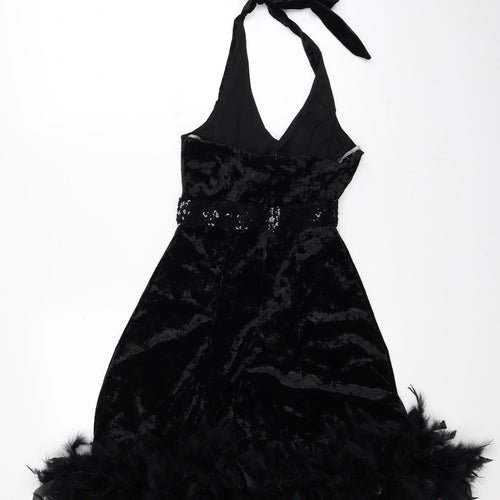 Empasis Paris Womens Black Polyester A-Line Size L Halter Zip - Feathers