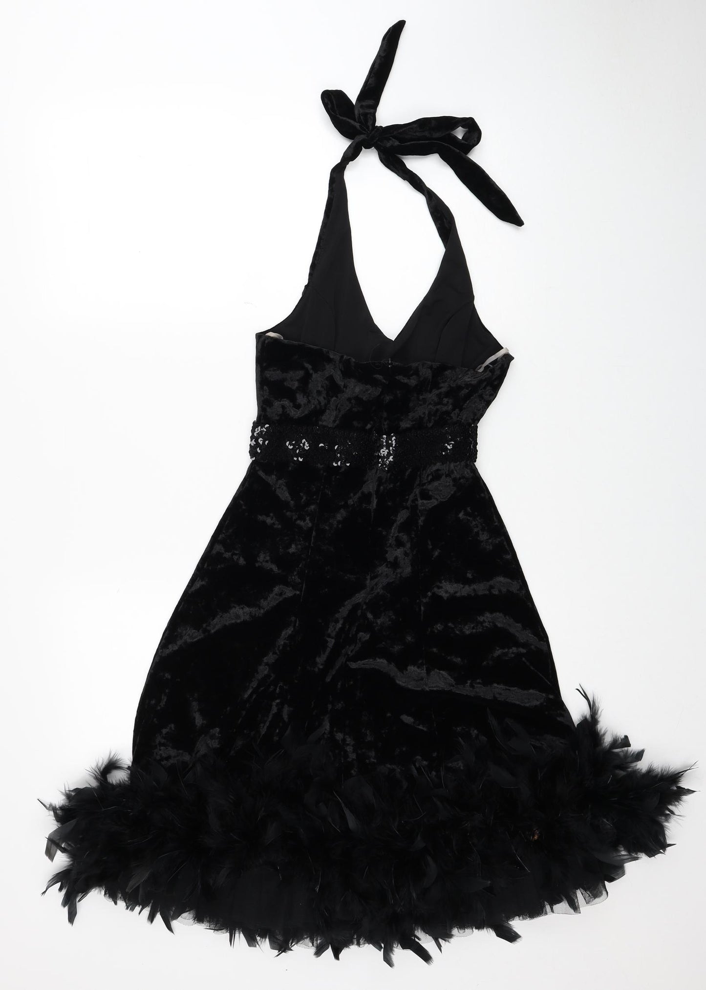 Empasis Paris Womens Black Polyester A-Line Size L Halter Zip - Feathers