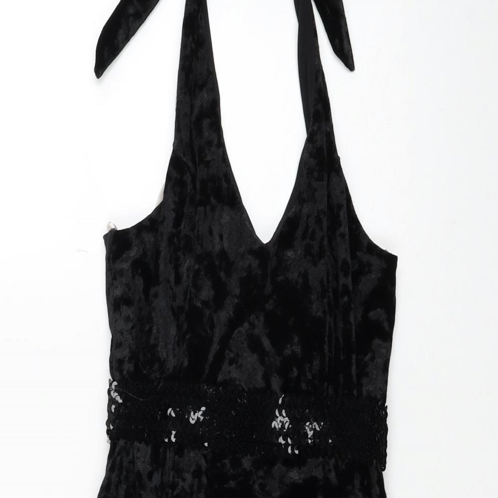 Empasis Paris Womens Black Polyester A-Line Size L Halter Zip - Feathers