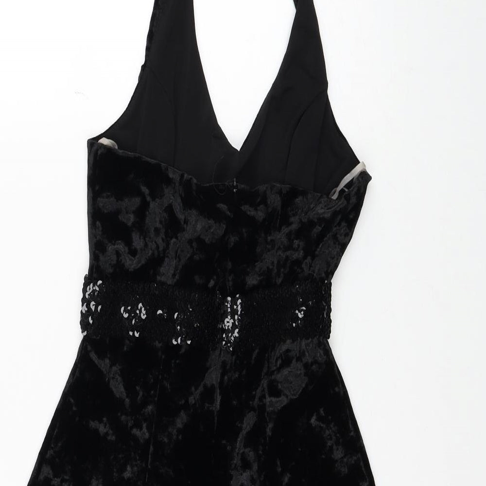 Empasis Paris Womens Black Polyester A-Line Size L Halter Zip - Feathers