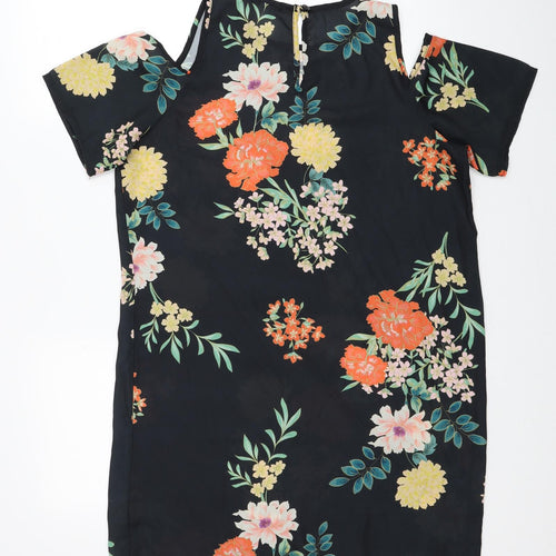 Boohoo Womens Black Floral Polyester T-Shirt Dress Size 8 Round Neck Button - Cold Shoulder