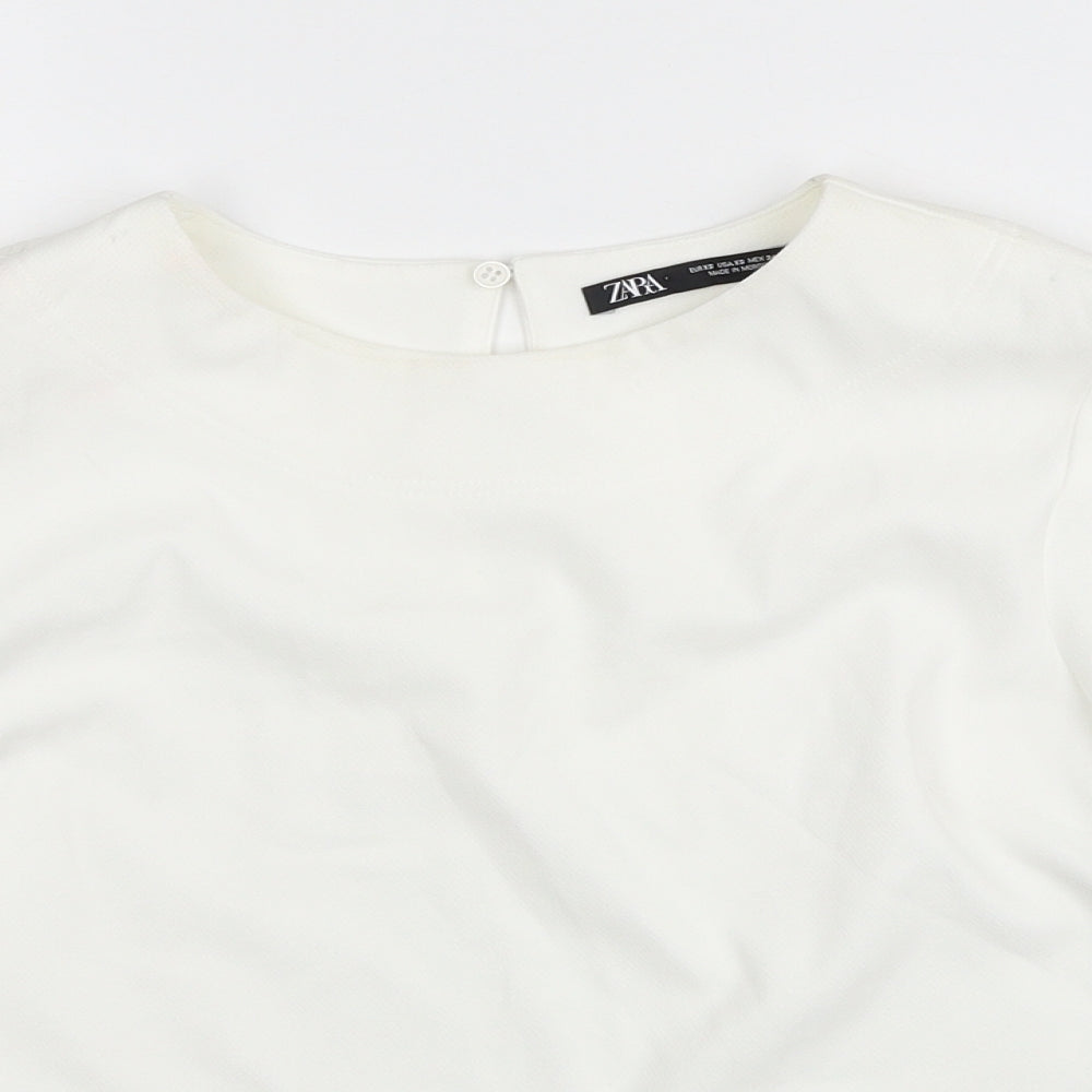 Zara Womens White Polyester Basic Blouse Size XS Round Neck - Faux Pockets