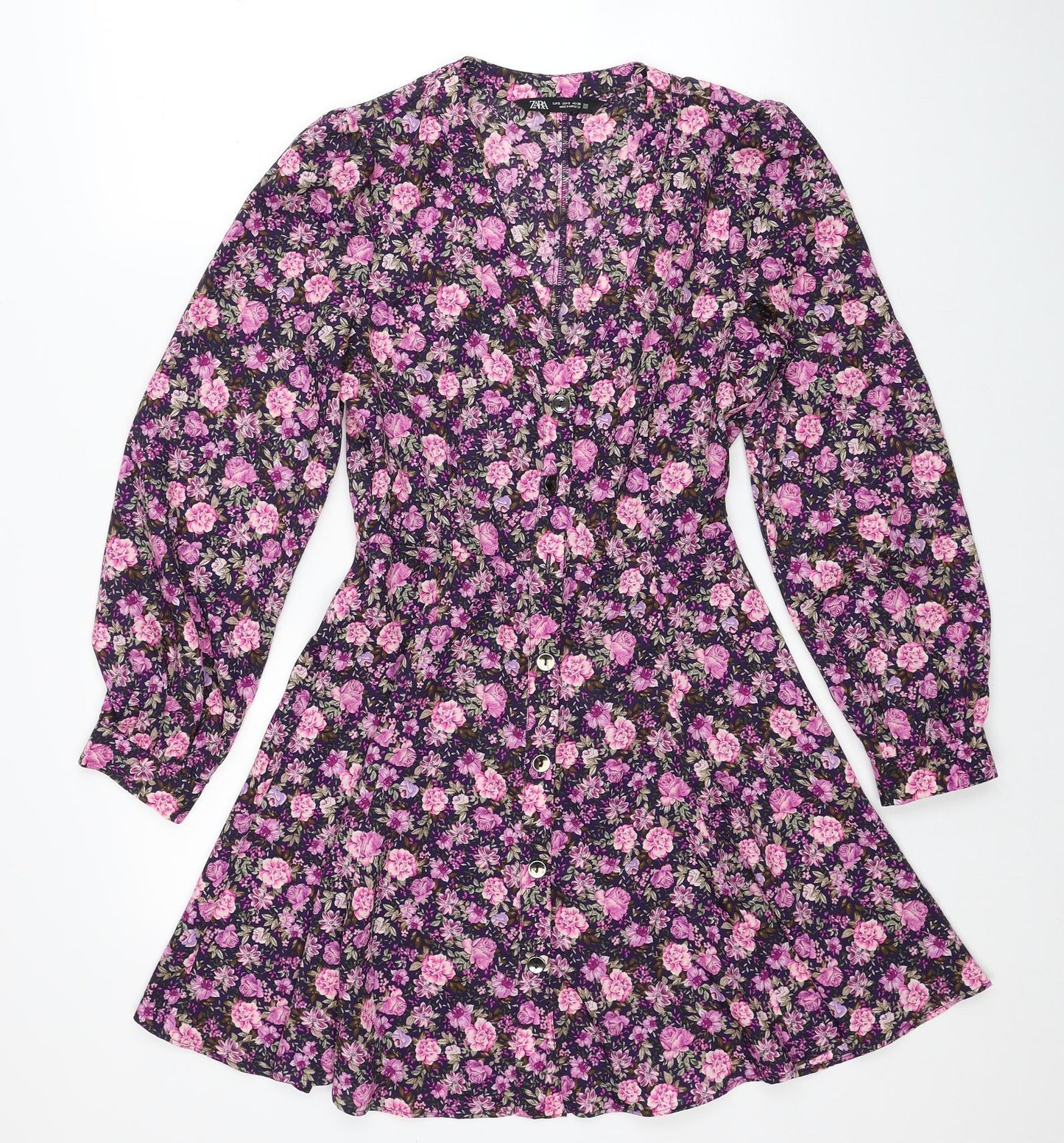 Zara Womens Purple Floral Polyester Fit & Flare Size S V-Neck Button