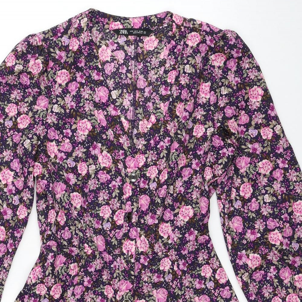 Zara Womens Purple Floral Polyester Fit & Flare Size S V-Neck Button