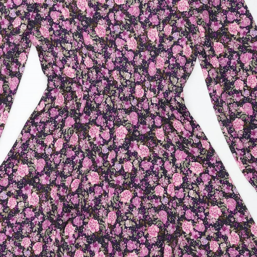 Zara Womens Purple Floral Polyester Fit & Flare Size S V-Neck Button