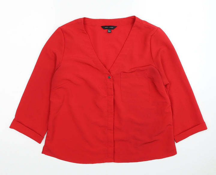 New Look Womens Red Polyester Basic Blouse Size 10 V-Neck