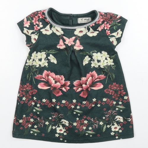 NEXT Girls Green Floral Cotton Shift Size 6-9 Months Round Neck