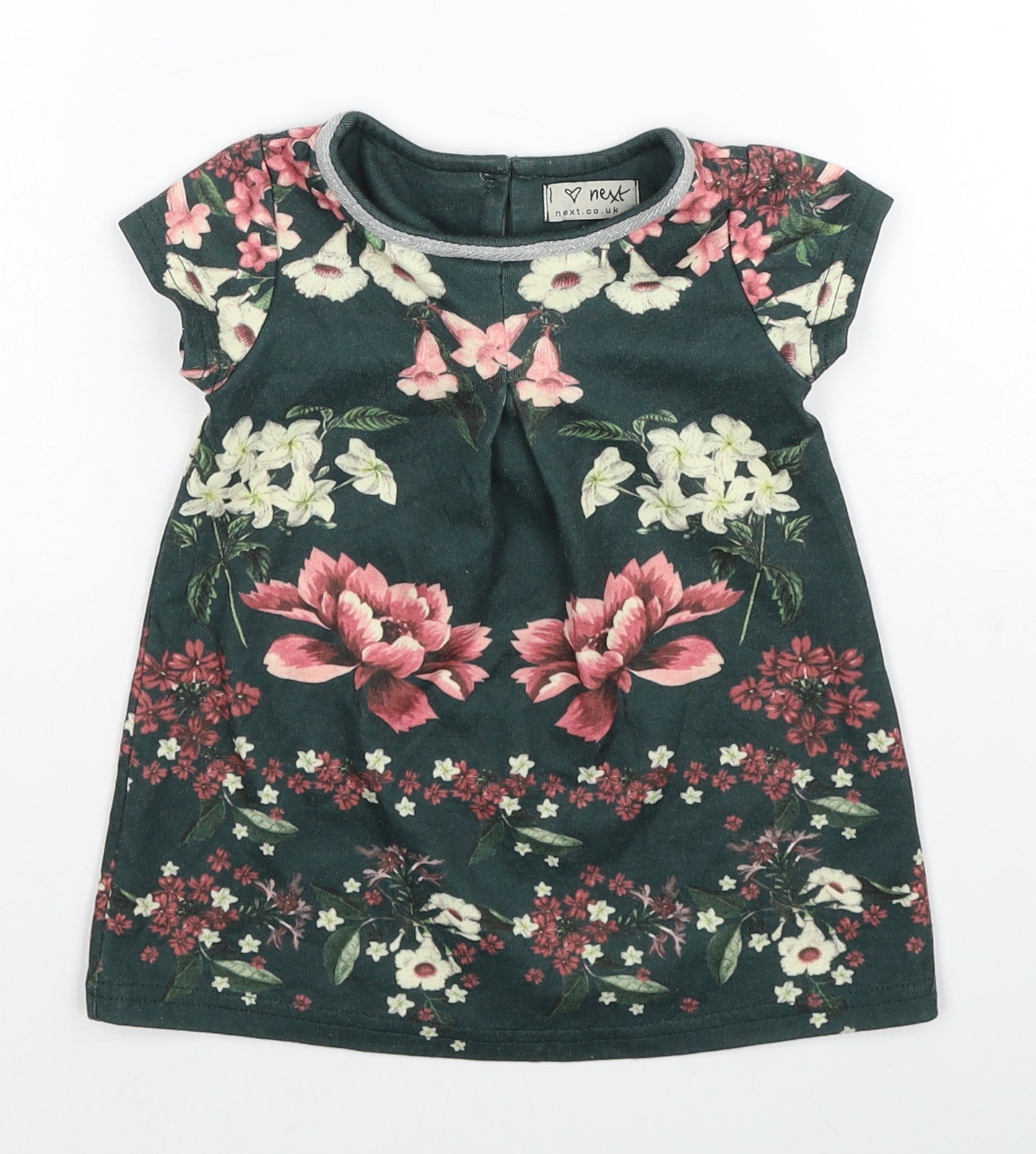 NEXT Girls Green Floral Cotton Shift Size 6-9 Months Round Neck