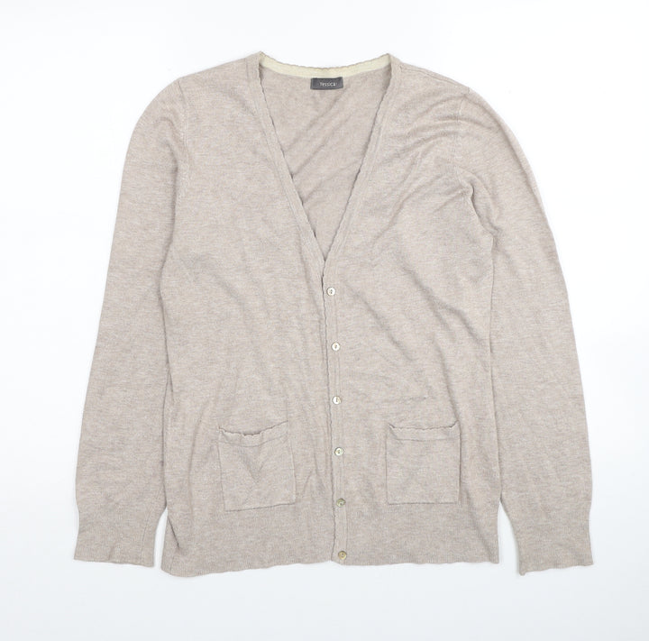 Yessica Womens Beige V-Neck Viscose Cardigan Jumper Size M