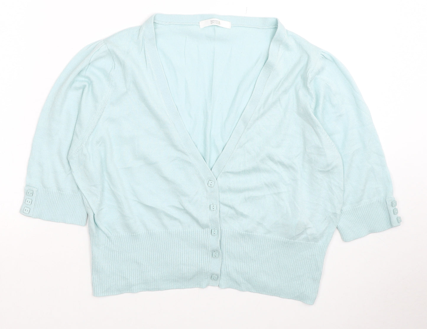 Marks and Spencer Womens Blue V-Neck Cotton Cardigan Jumper Size 14