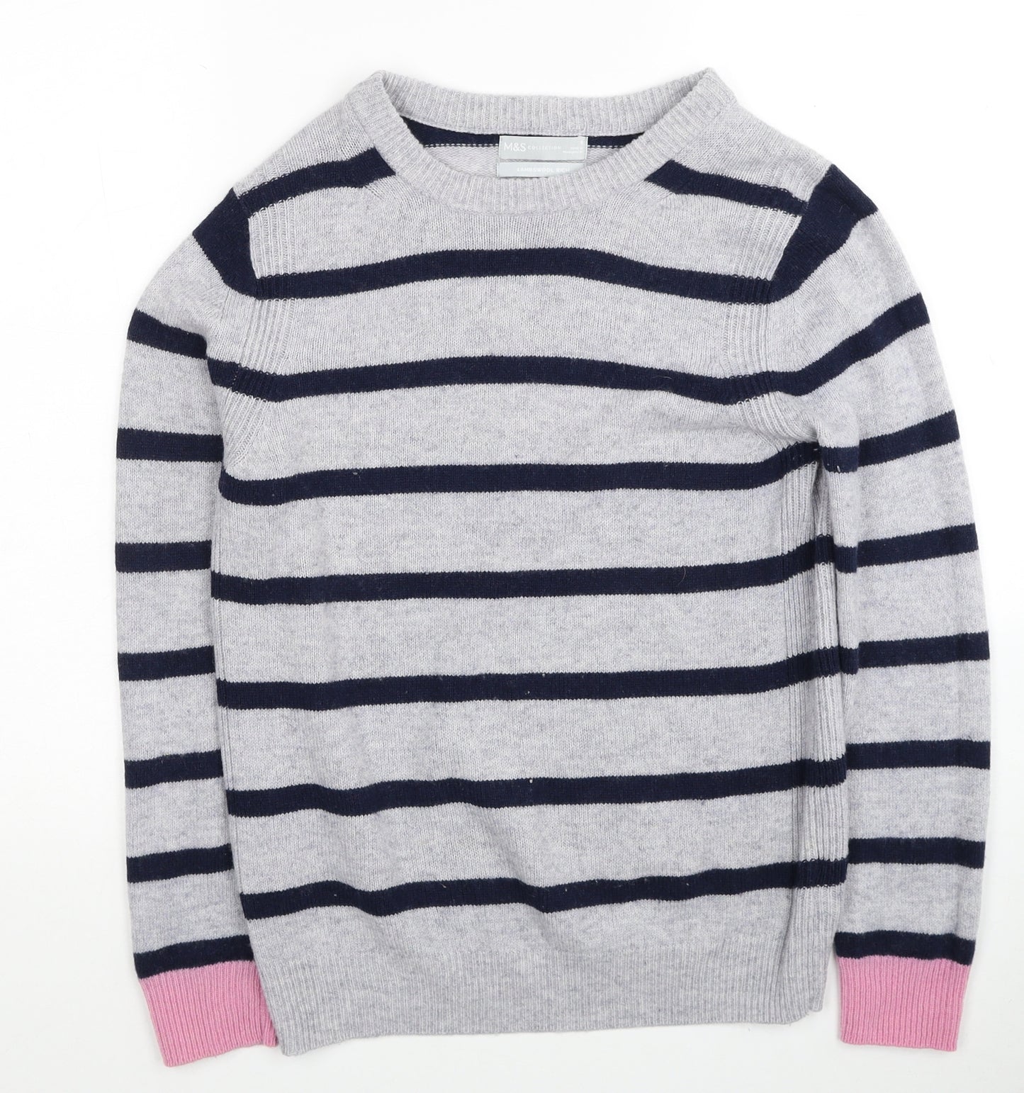 Marks and Spencer Womens Grey Round Neck Striped Wool Pullover Jumper Size 8