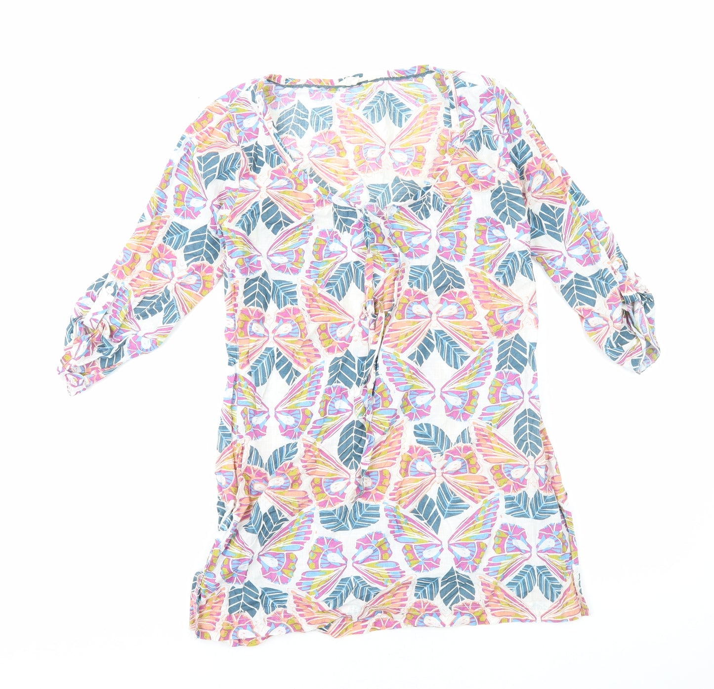 White Stuff Womens Multicoloured Geometric Cotton Basic Blouse Size 8 Scoop Neck