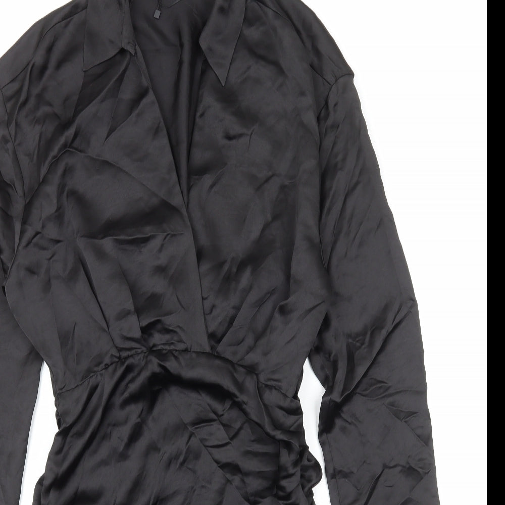 Zara Womens Black Polyester Shirt Dress Size M Collared Zip