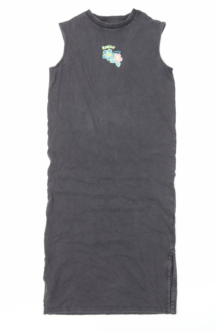 Marks and Spencer Girls Grey Cotton Tank Dress Size 7-8 Years Round Neck Pullover