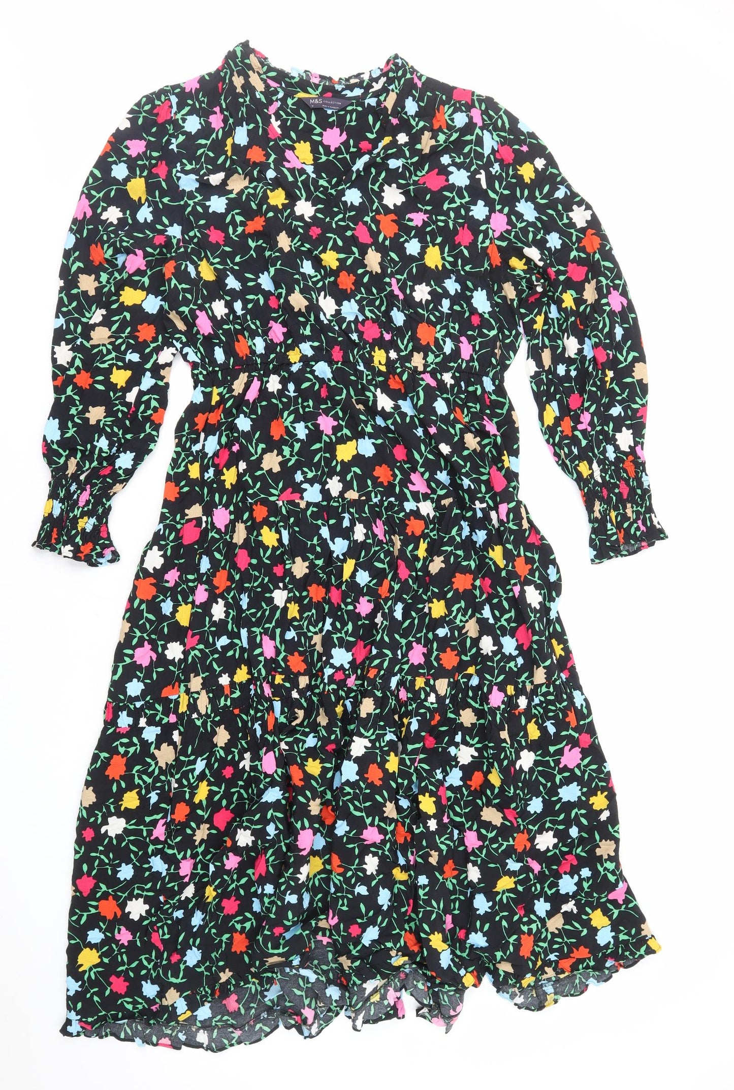Marks and Spencer Womens Black Floral Viscose A-Line Size 16 Collared Pullover