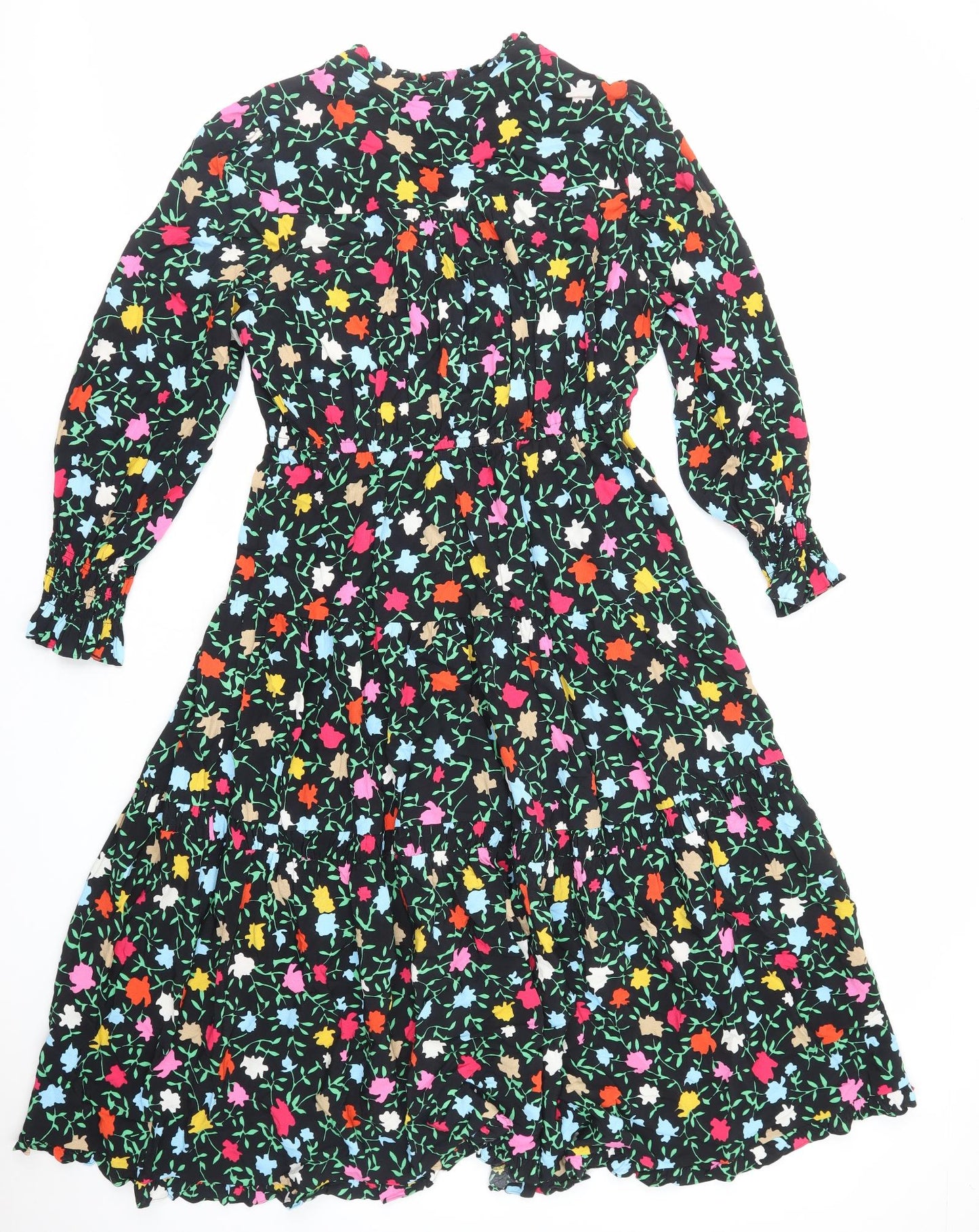 Marks and Spencer Womens Black Floral Viscose A-Line Size 16 Collared Pullover