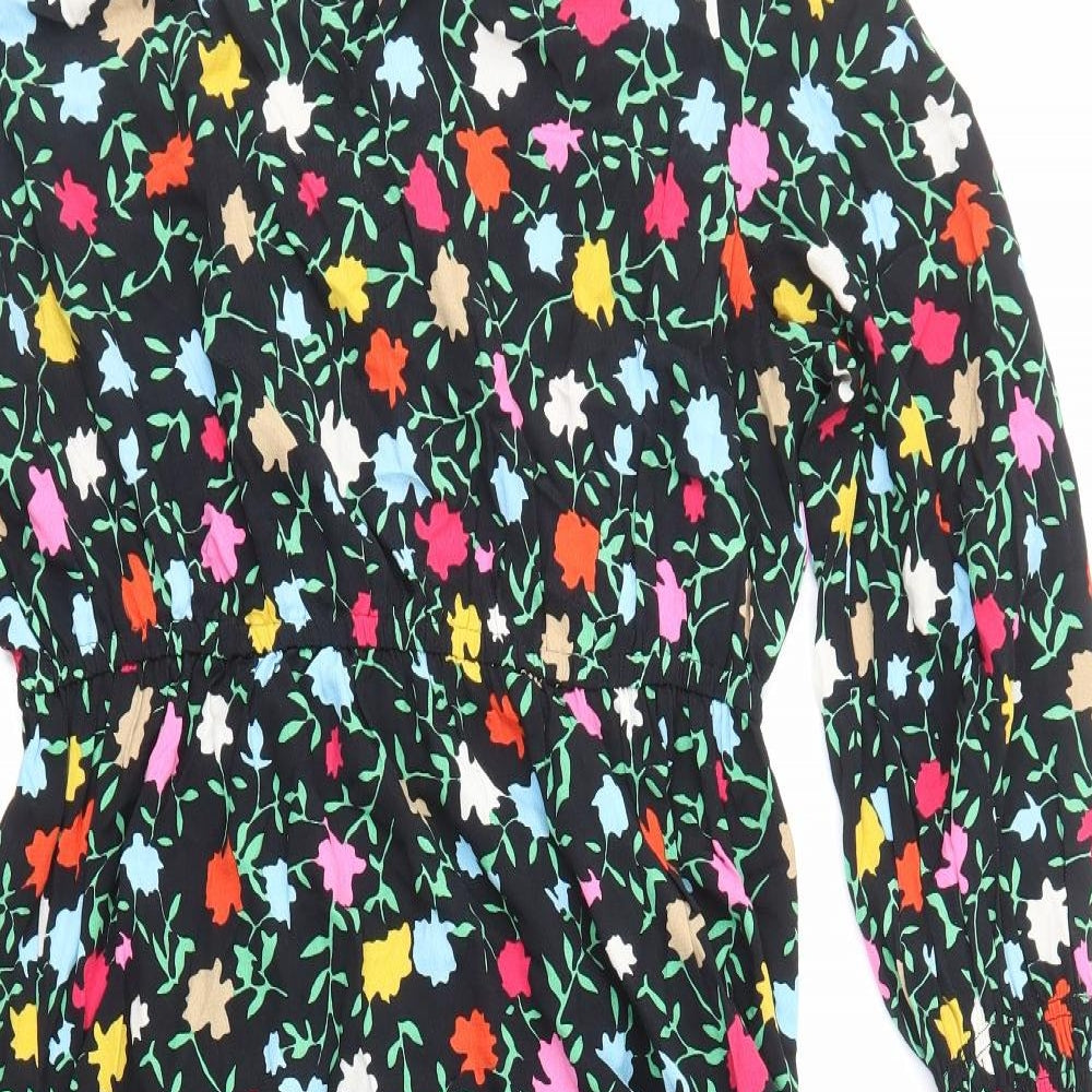 Marks and Spencer Womens Black Floral Viscose A-Line Size 16 Collared Pullover