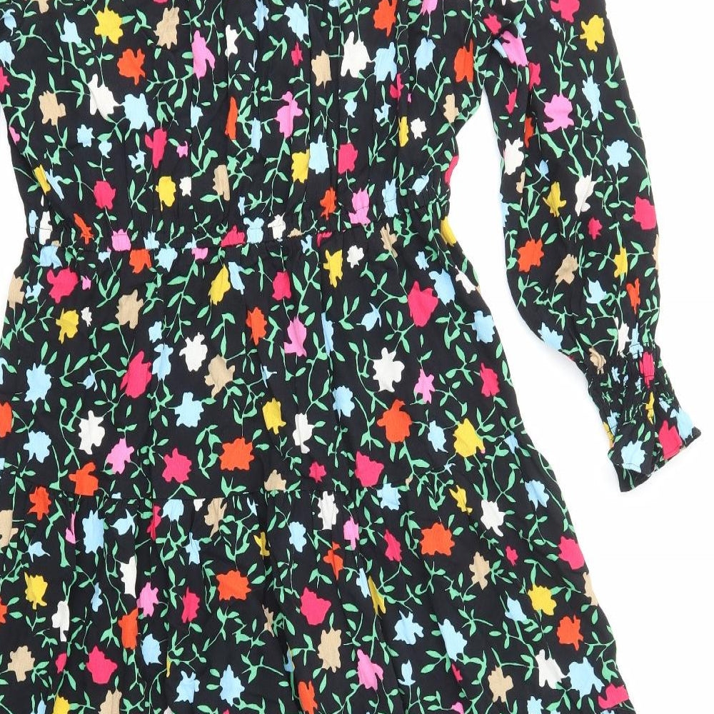 Marks and Spencer Womens Black Floral Viscose A-Line Size 16 Collared Pullover