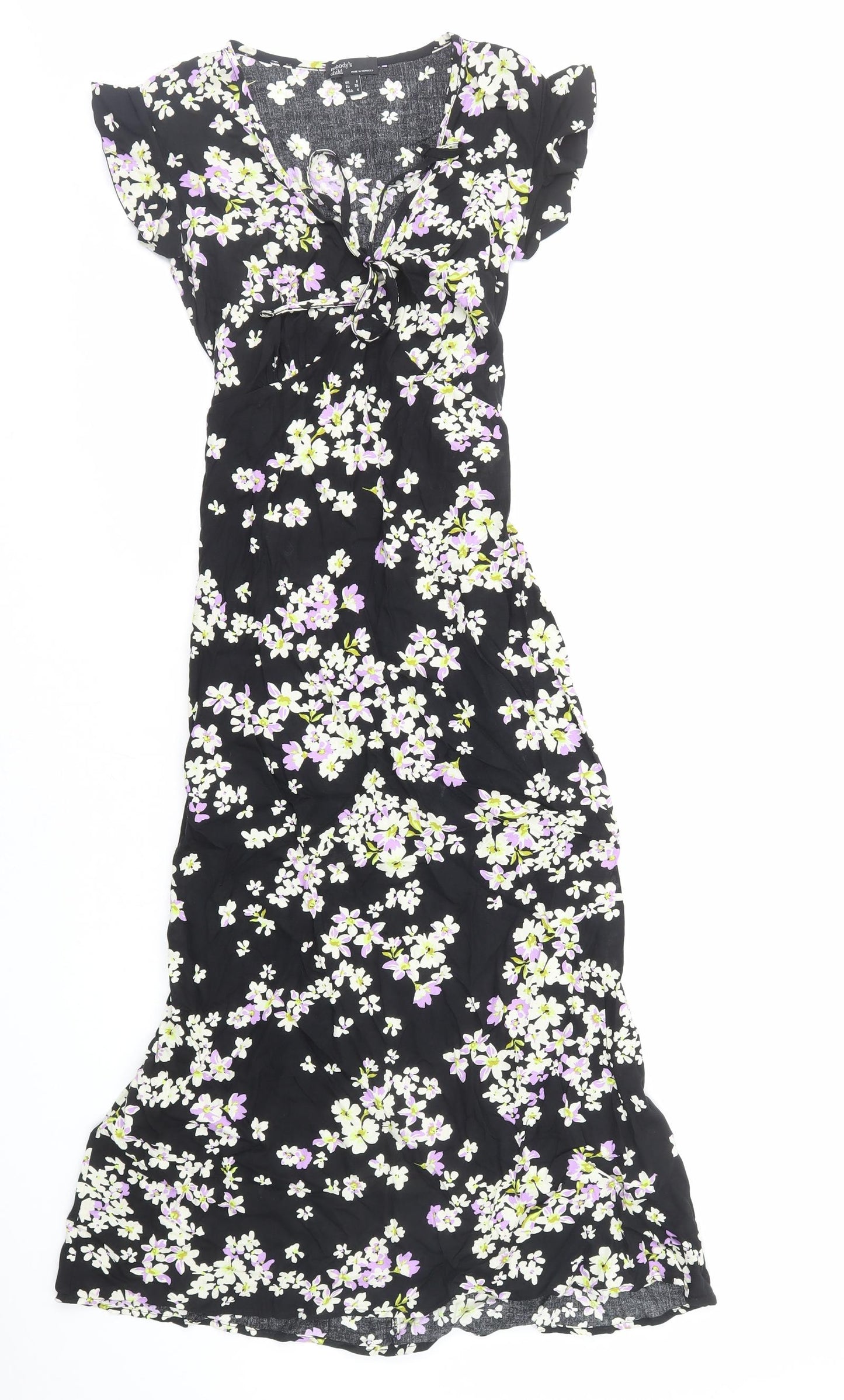 Nobody's Child Womens Black Floral Viscose A-Line Size 8 V-Neck Pullover