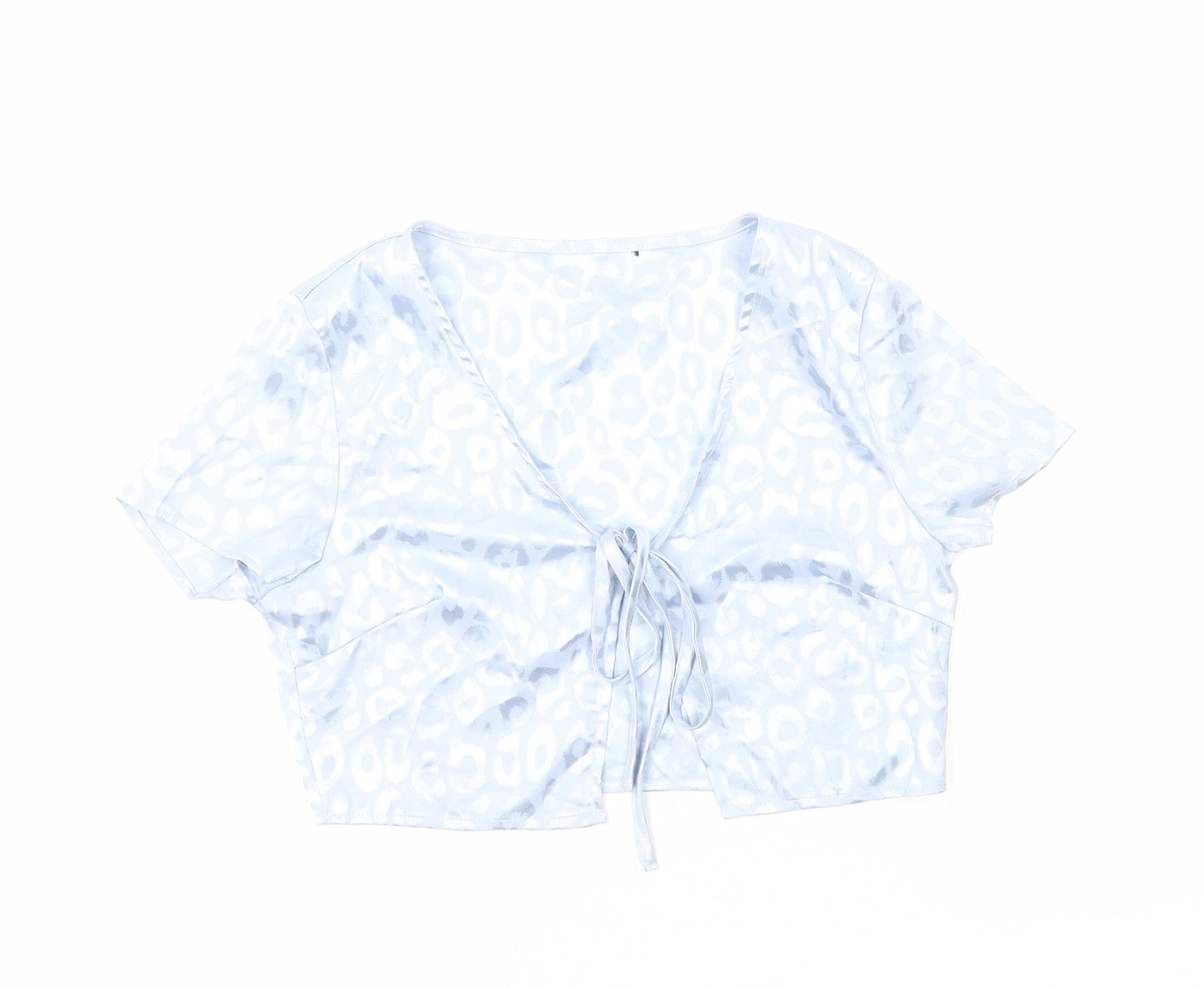 Preworn Womens Blue Animal Print Polyester Cropped Blouse Size S V-Neck - Leopard Print Tie Front