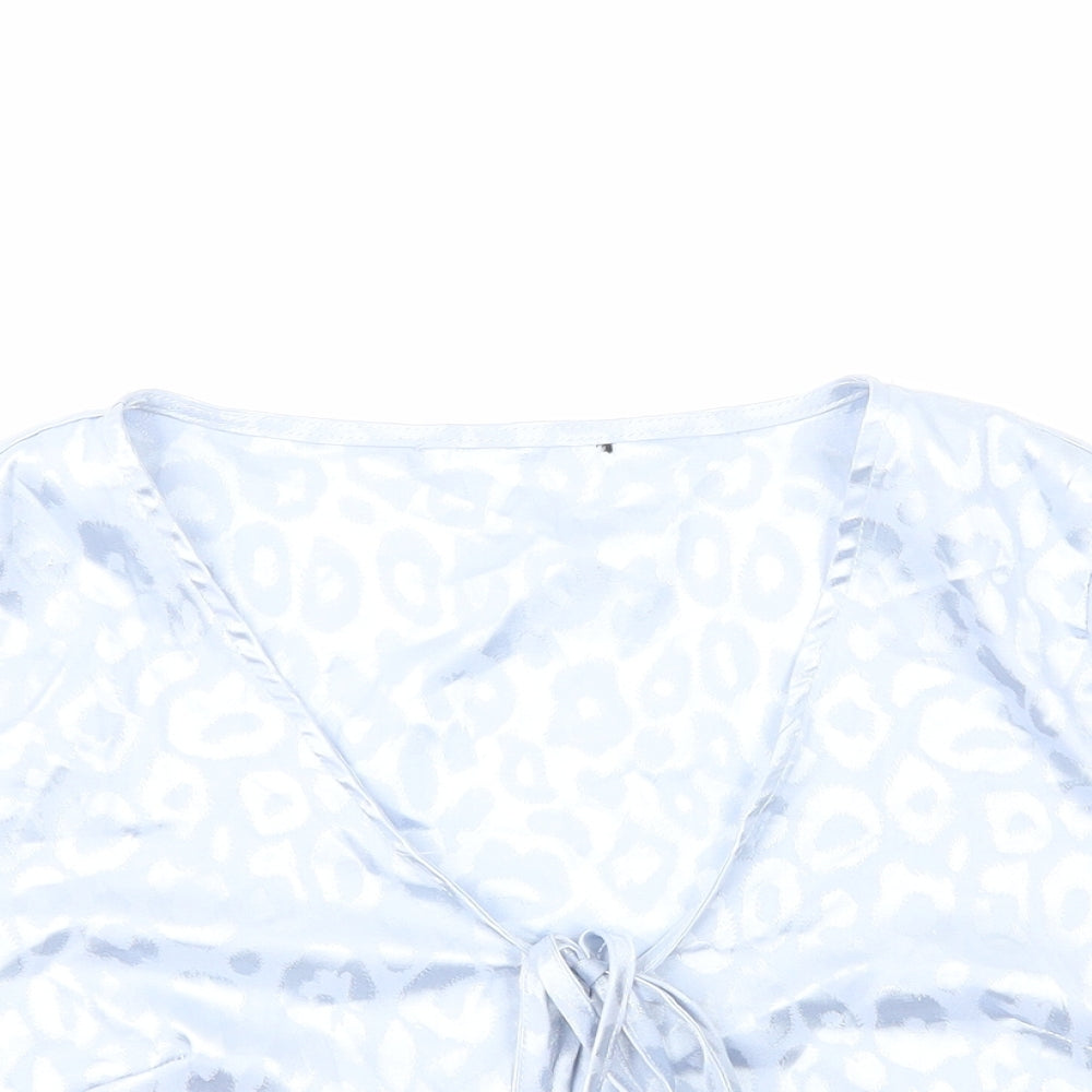 Preworn Womens Blue Animal Print Polyester Cropped Blouse Size S V-Neck - Leopard Print Tie Front