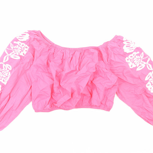 Marks and Spencer Womens Pink Geometric Cotton Cropped T-Shirt Size 14 Off the Shoulder - Flower detail on sleeves