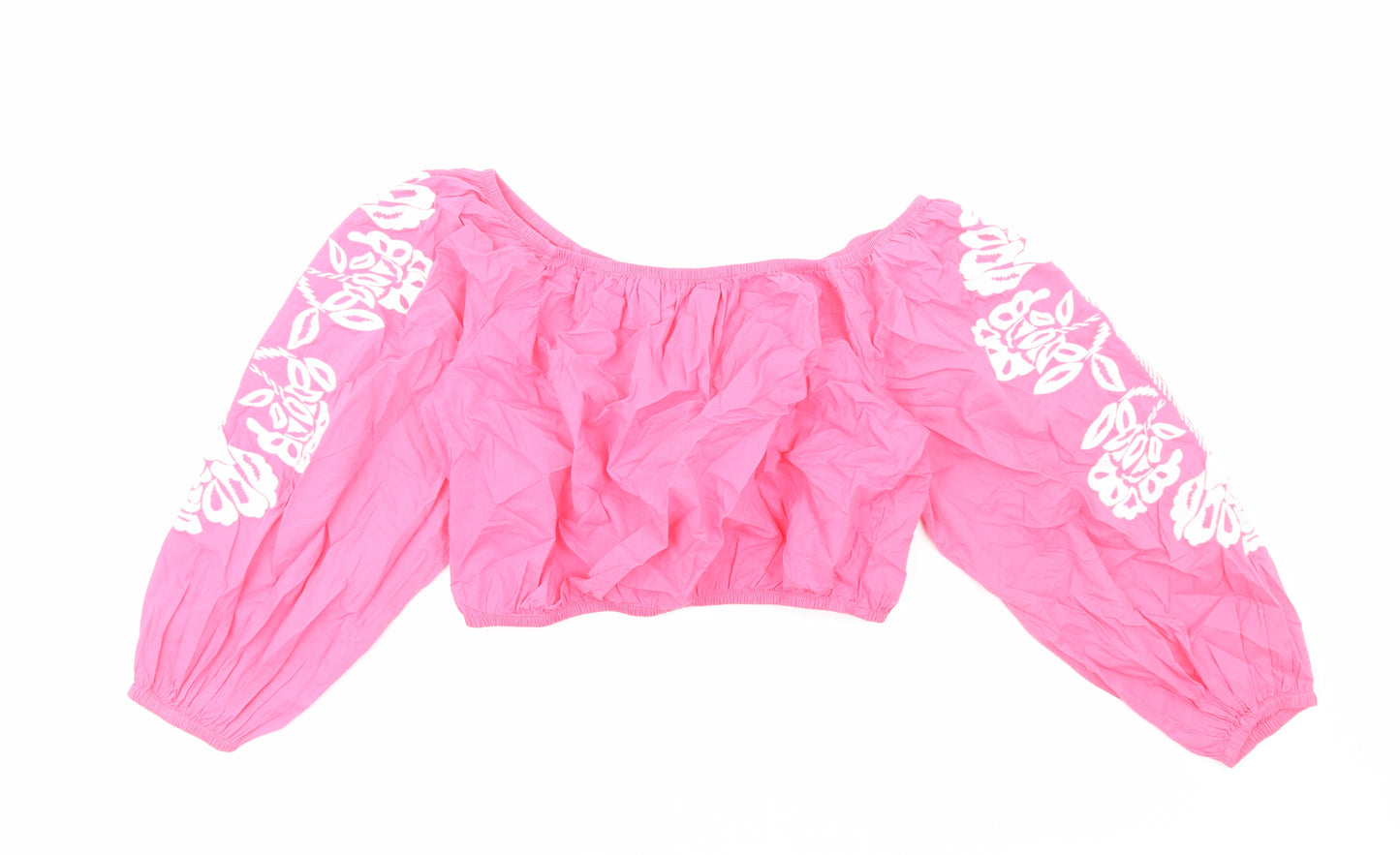 Marks and Spencer Womens Pink Geometric Cotton Cropped T-Shirt Size 14 Off the Shoulder - Flower detail on sleeves