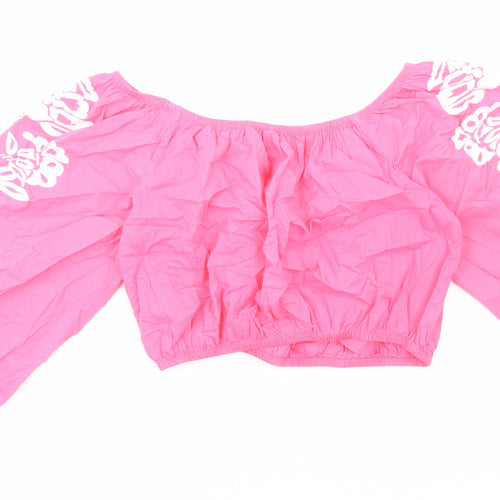 Marks and Spencer Womens Pink Geometric Cotton Cropped T-Shirt Size 14 Off the Shoulder - Flower detail on sleeves