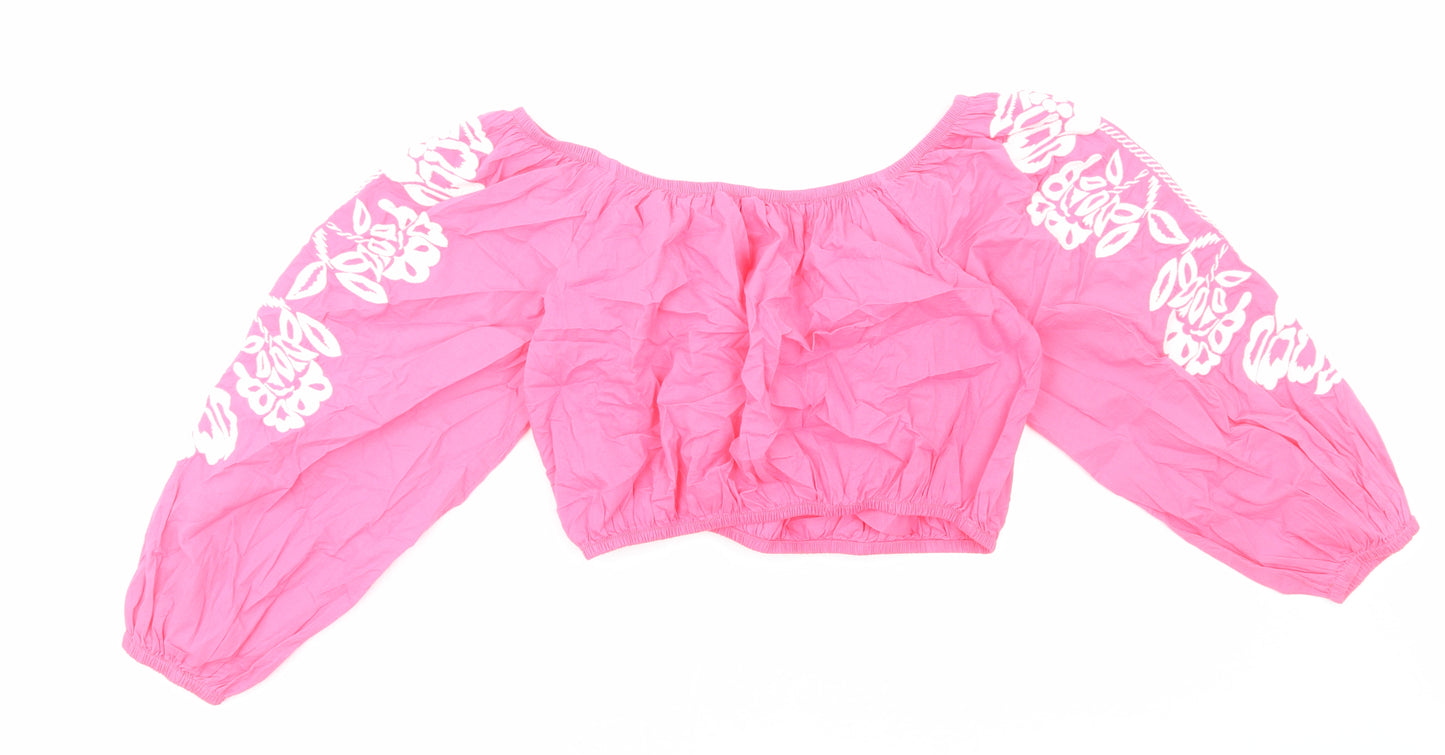 Marks and Spencer Womens Pink Geometric Cotton Cropped T-Shirt Size 14 Off the Shoulder - Flower detail on sleeves