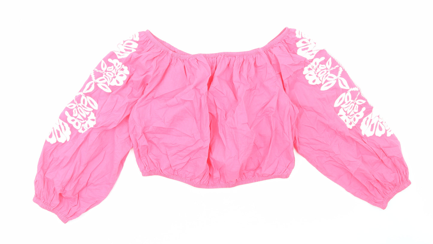 Marks and Spencer Womens Pink Cotton Cropped Blouse Size 18 Boat Neck - Flower Detail