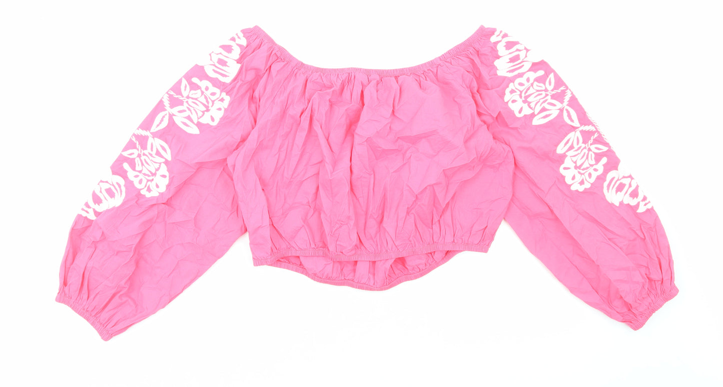 Marks and Spencer Womens Pink Cotton Cropped Blouse Size 18 Boat Neck - Flower Detail