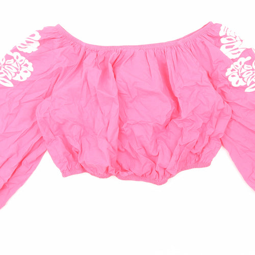 Marks and Spencer Womens Pink Cotton Cropped Blouse Size 18 Boat Neck - Flower Detail