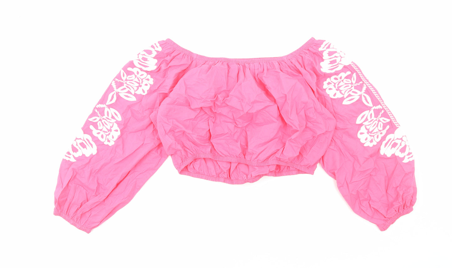 Marks and Spencer Womens Pink Cotton Cropped Blouse Size 18 Boat Neck - Flower Detail