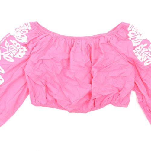 Marks and Spencer Womens Pink Cotton Cropped Blouse Size 20 Boat Neck - Flower Detail