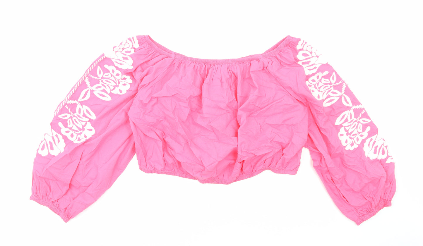 Marks and Spencer Womens Pink Cotton Cropped Blouse Size 20 Boat Neck - Flower Detail