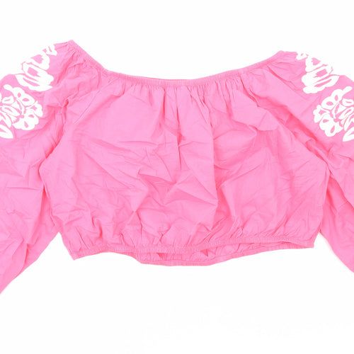 Marks and Spencer Womens Pink Cotton Cropped Blouse Size 20 Boat Neck - Flower Detail