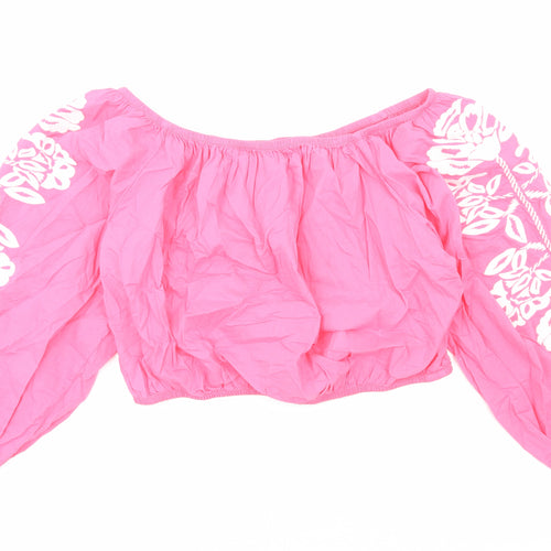 Marks and Spencer Womens Pink Cotton Cropped Blouse Size 18 Boat Neck - Flower Detail