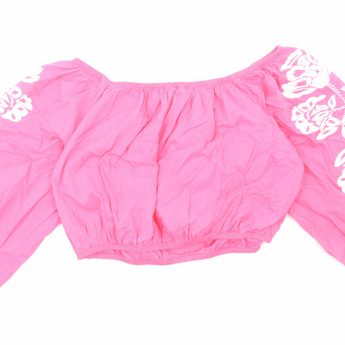 Marks and Spencer Womens Pink Cotton Cropped Blouse Size 18 Boat Neck - Flower Detail