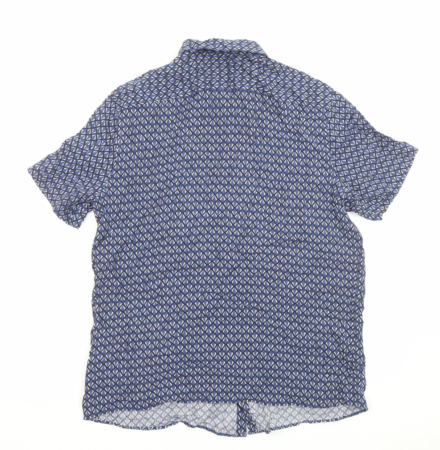 Marks and Spencer Mens Blue Geometric Viscose Button-Up Size XL Collared Button
