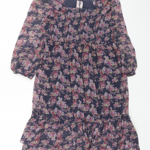 NEXT Womens Purple Floral Polyester A-Line Size 10 Square Neck Pullover - Shirred Top