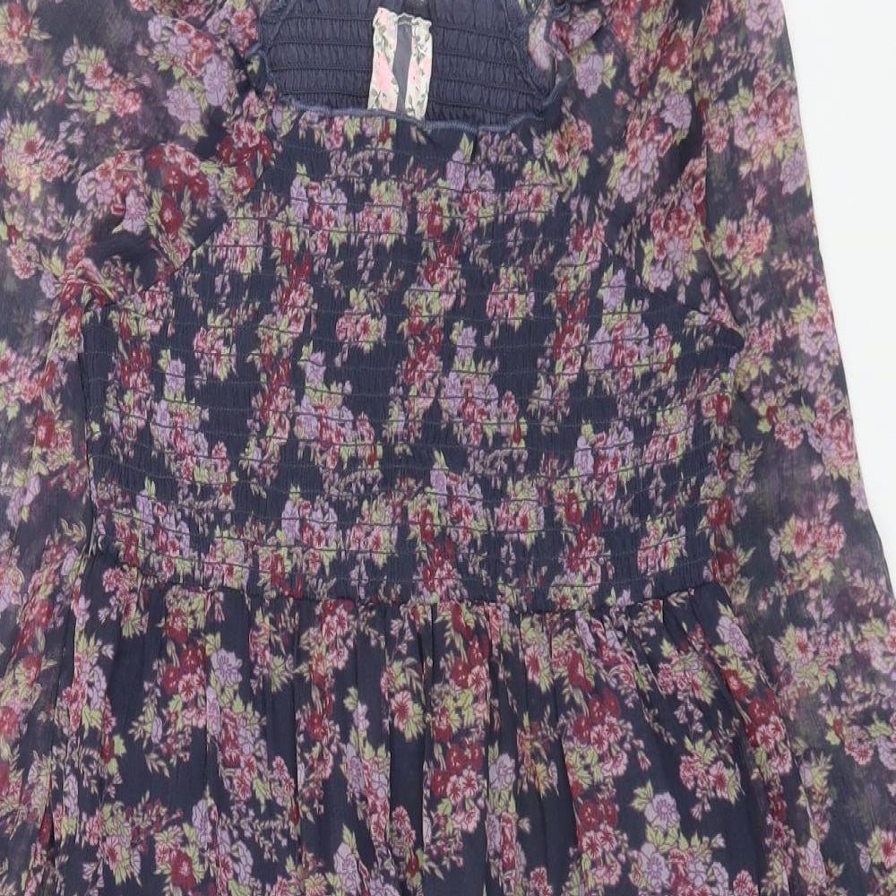NEXT Womens Purple Floral Polyester A-Line Size 10 Square Neck Pullover - Shirred Top