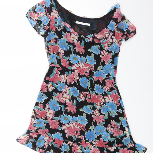Trafaluc Womens Black Floral Polyester Mini Size 6 Boat Neck Zip