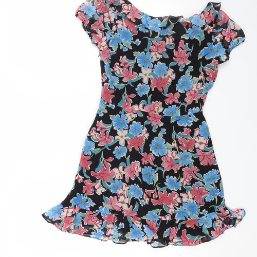 Trafaluc Womens Black Floral Polyester Mini Size 6 Boat Neck Zip