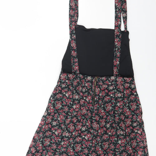 Bershka Womens Black Floral Polyester Pinafore/Dungaree Dress Size XS Scoop Neck Zip
