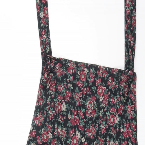 Bershka Womens Black Floral Polyester Pinafore/Dungaree Dress Size XS Scoop Neck Zip
