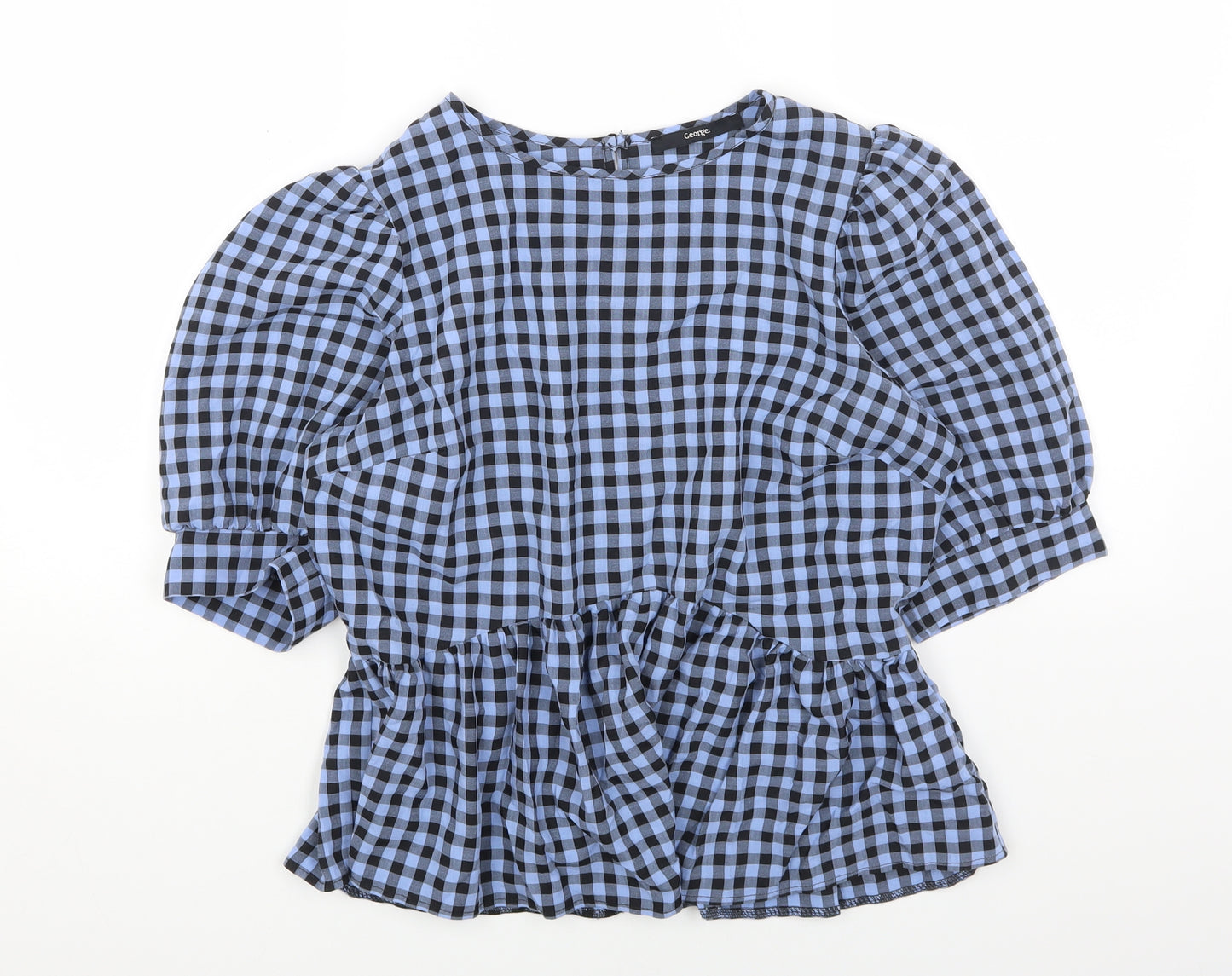 George Womens Blue Check Viscose Basic Blouse Size 12 Boat Neck - Smock