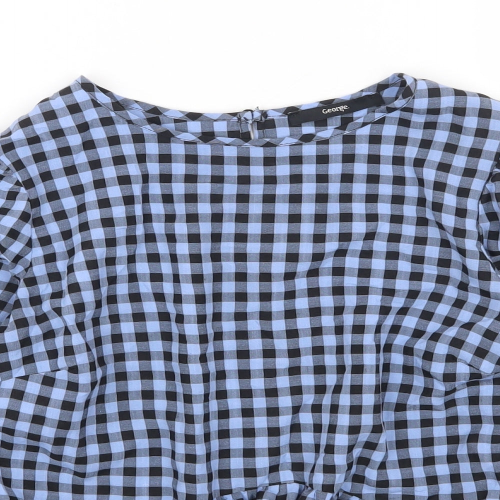George Womens Blue Check Viscose Basic Blouse Size 12 Boat Neck - Smock