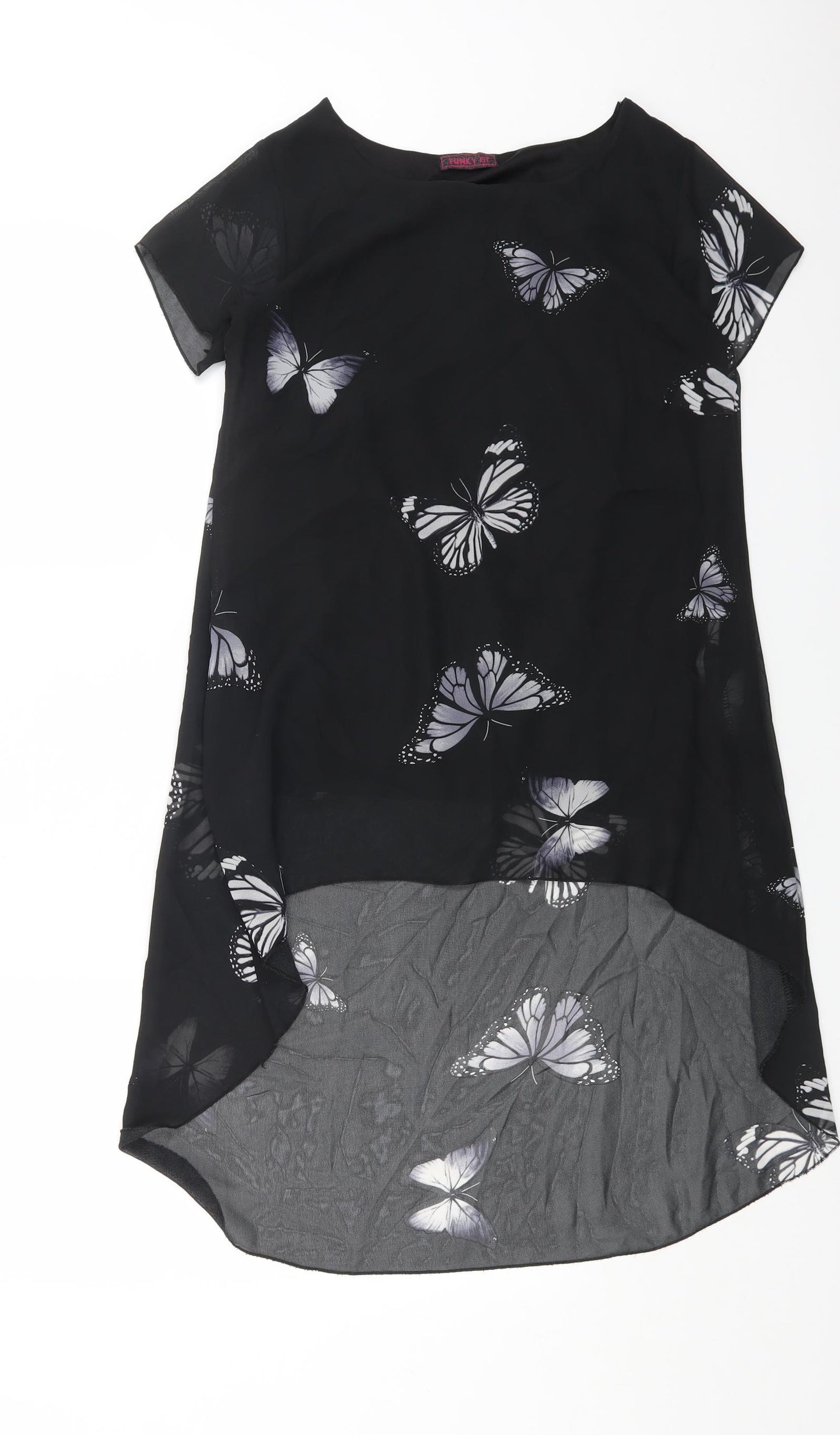 FUNKY FIT Womens Black Geometric Polyester Shift Size S Boat Neck Pullover - Butterfly Print