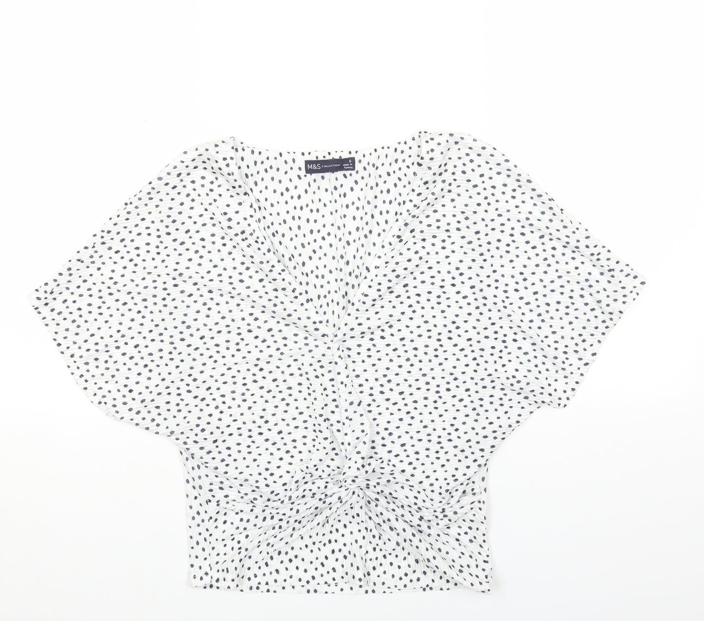 Marks and Spencer Womens White Geometric Polyester Basic Blouse Size 6 V-Neck - Knot Front